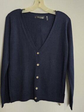 MAK Womens V-neck Cardigan Sweater Silver Bottoms Lightweight Navy Blue Sz M